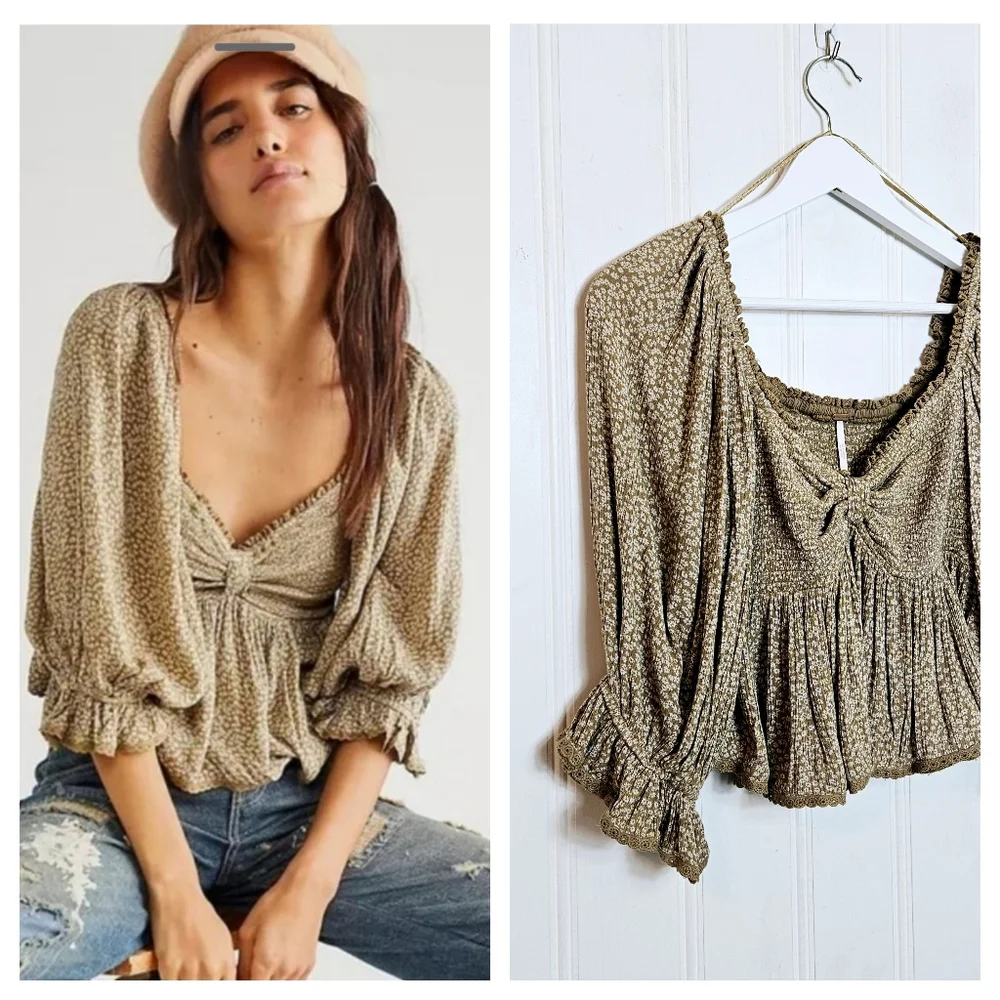 Free People Top XS Brittnee Smocked Peplum Sweetheart Lace Boho Tropical Nut Tan